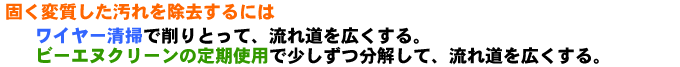 固く変質した汚れを除去するには、ワイヤー清掃で削り取って流れ道を広くするか、ビーエヌクリーンを使って少しずつ流れ道を広げていくかの方法があります